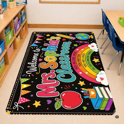 Personalized Teacher Classroom Rug, Custom Back to School Welcome Mat with Name, Kindergarten Preschool Elementary Decor, Composition Notebook Carpet (A10)