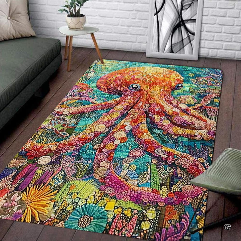 Vibrant mosaic octopus illustration on an ocean coral floor area rug with sprawling tentacles and turquoise backdrop.