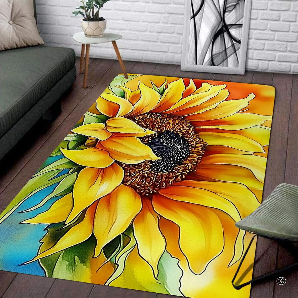 Watercolor botanical sunflower living room area rug with vibrant golden petals
