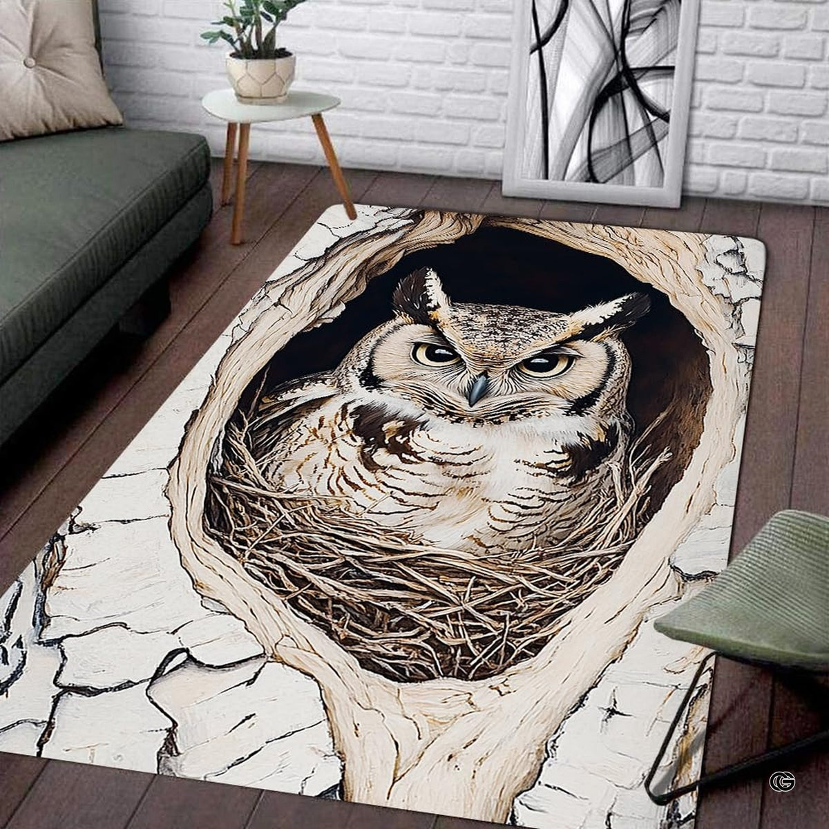 Soft low-pile microfiber surface texture on woodland owl tree hollow rug