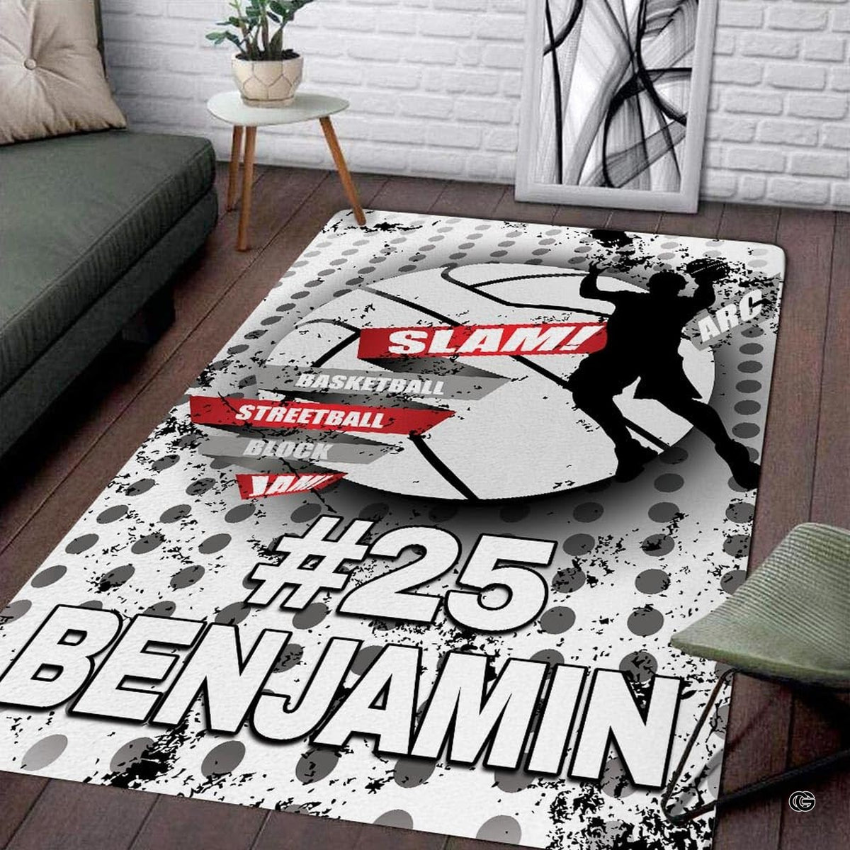 Custom basketball slam dunk living room area rug with dunking silhouette and athletic personalization banner - image 1 of 7