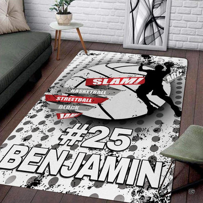 Custom basketball slam dunk living room area rug with dunking silhouette and athletic personalization banner - thumbnail image 1 of 7