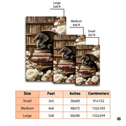 Gothic black dragon resting on antique leather books surrounded by white peony flowers in a library area rug. - thumbnail image 2 of 8