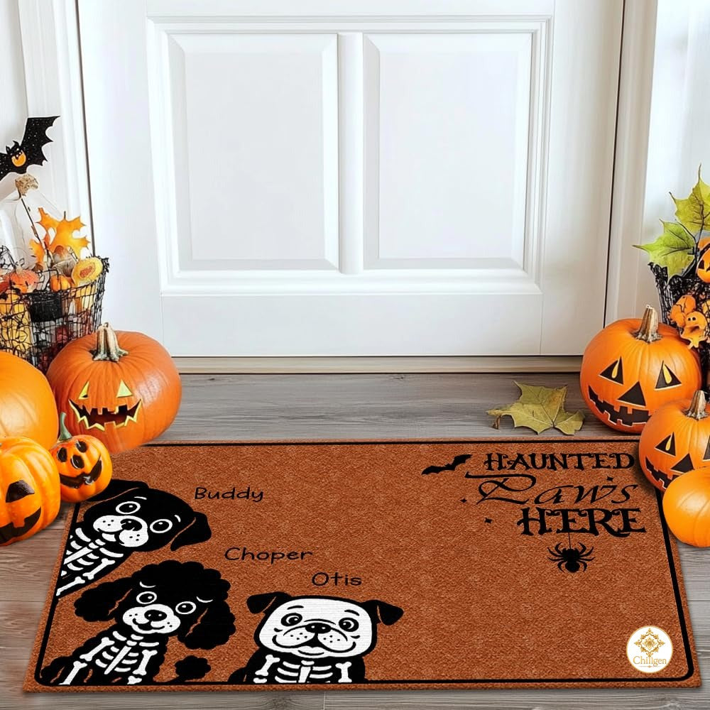 Custom Halloween Dog Doormat with Pumpkin and Bat - Style #4