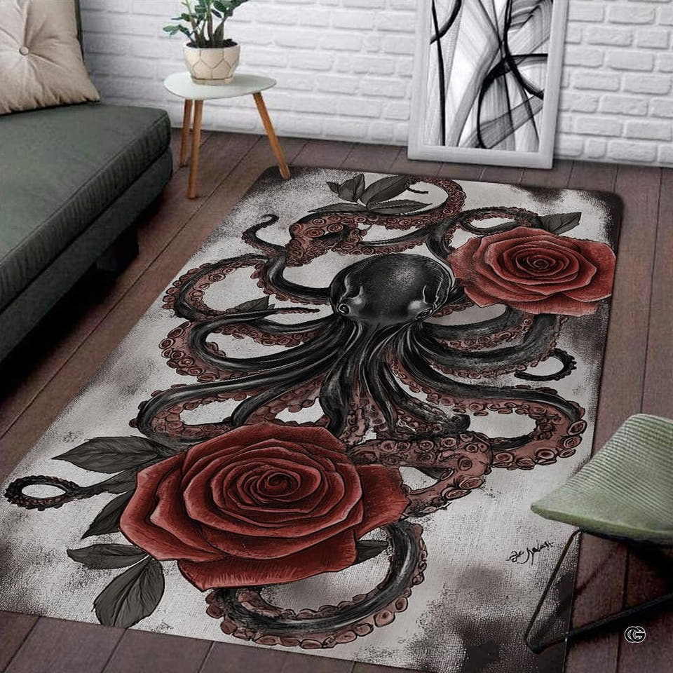 Gothic octopus intertwined with crimson roses on a dark textured area rug.