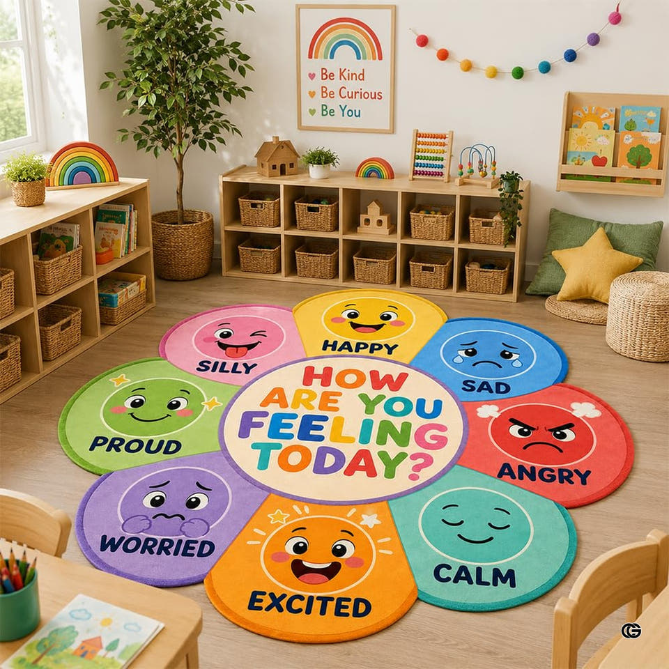 Colorful emotions wheel classroom area rug displaying segmented mood faces across vibrant sectors.