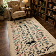Overhead perspective of book checkout card catalog floor rug with stamped thematic accent marks. - thumbnail image 2 of 7