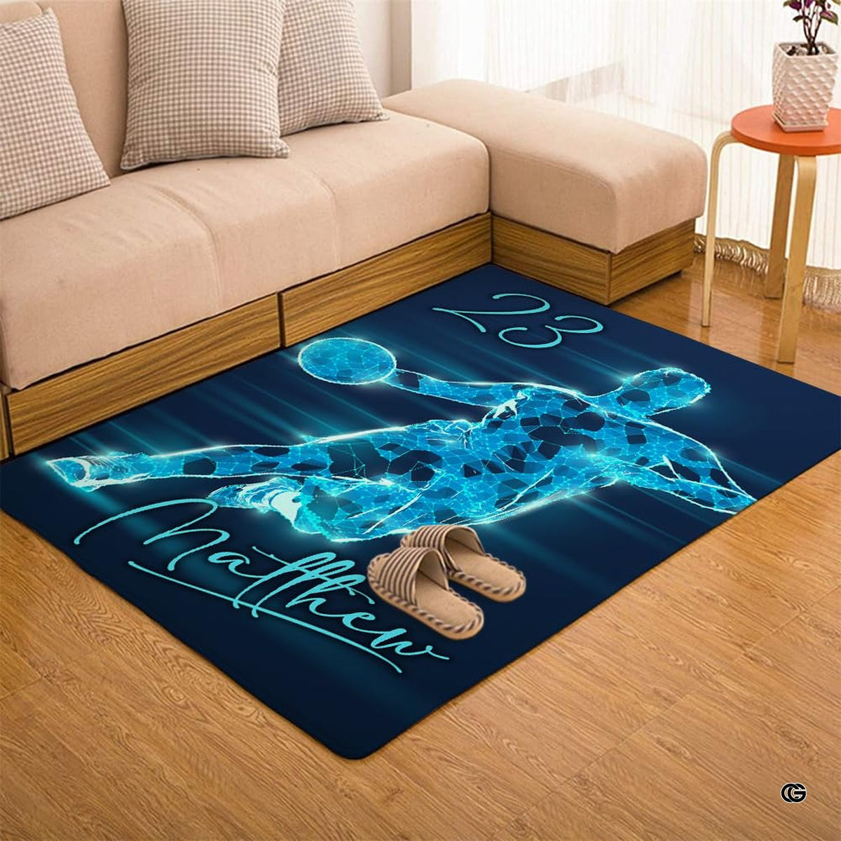 Full room display of the electric blue neon basketball player floor art anchoring contemporary decor.