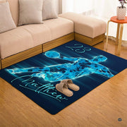 Full room display of the electric blue neon basketball player floor art anchoring contemporary decor. - thumbnail image 7 of 7