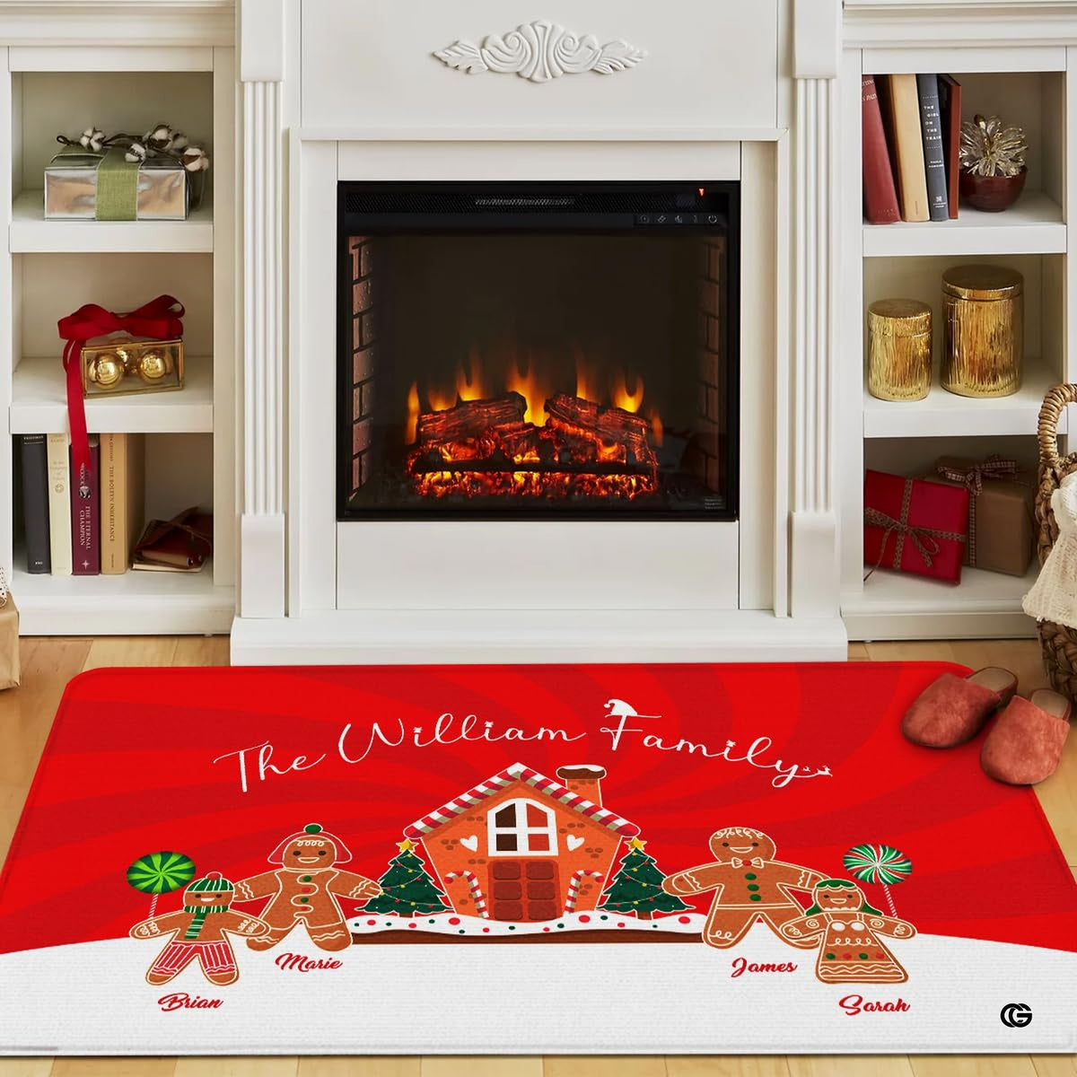 Gingerbread family holiday area rug styled in front of cozy fireplace with holiday slippers - image 2 of 9