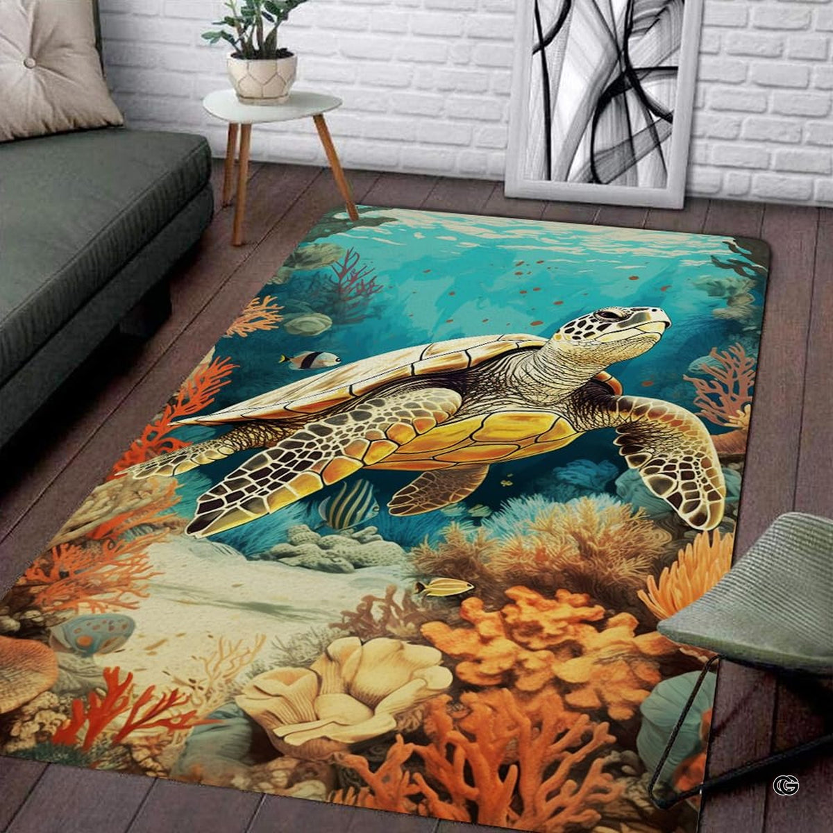 Living room interior featuring the golden sea turtle coral reef ocean coastal area rug