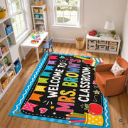 Personalized Teacher Classroom Rug, Custom Back to School Welcome Mat with Name, Kindergarten Preschool Elementary Decor, Composition Notebook Carpet (A12)