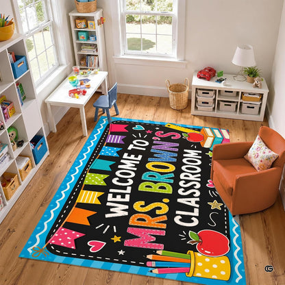 Personalized Teacher Classroom Rug, Custom Back to School Welcome Mat with Name, Kindergarten Preschool Elementary Decor, Composition Notebook Carpet (A12)