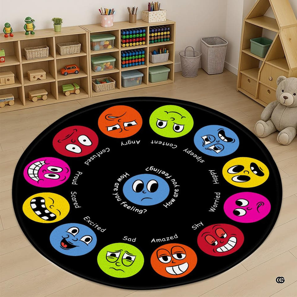Feeling Wheel Chart Rug for Classroom - Round Emotional Regulation Mat, Calming Corner Decor, Mental Health Composition Notebook Carpet, Back to School Gift