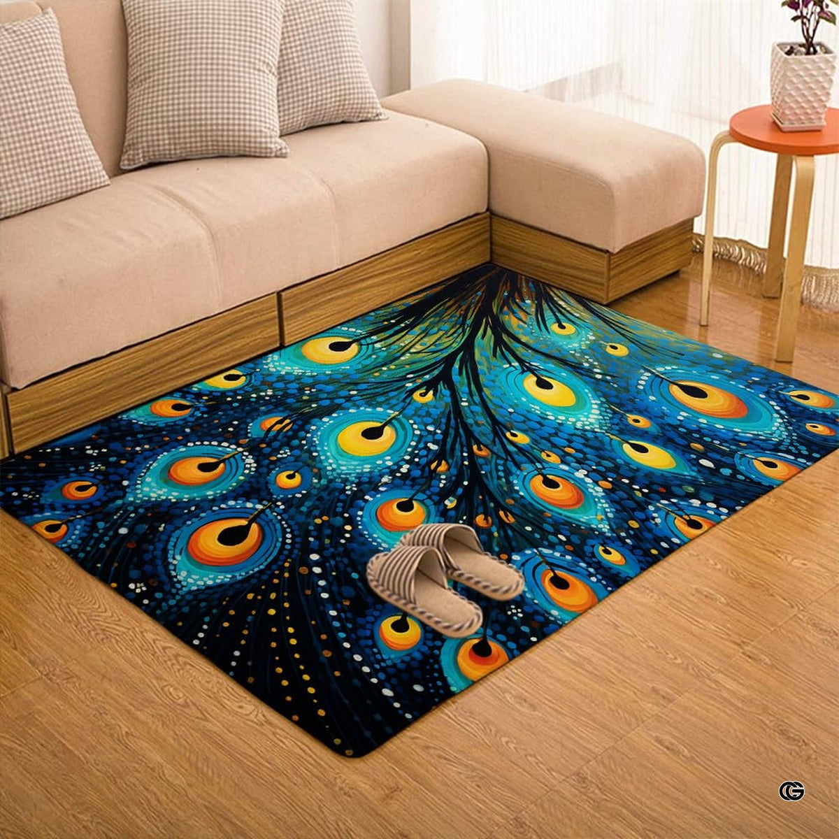 Living area styled with a decorative round peacock feather floor centerpiece. - image 7 of 7