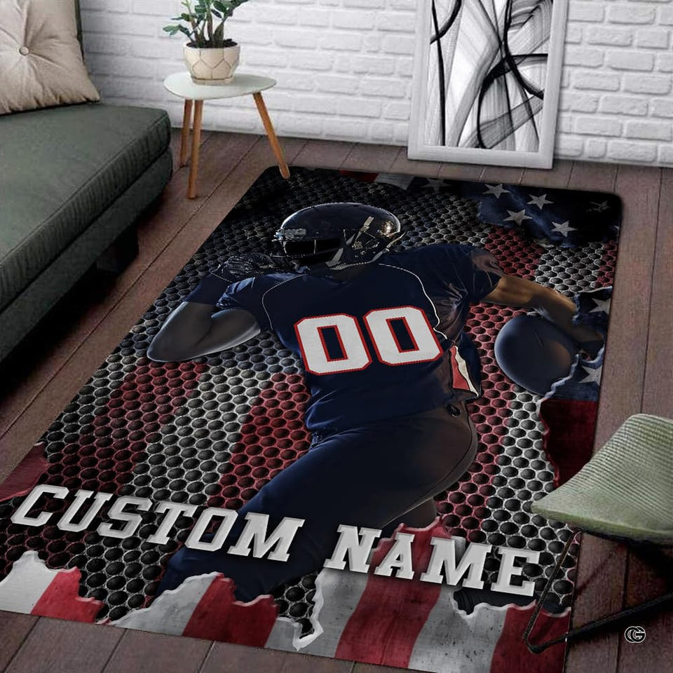 Football athlete charging on a dark honeycomb grid rectangular area rug with American flag background graphics.