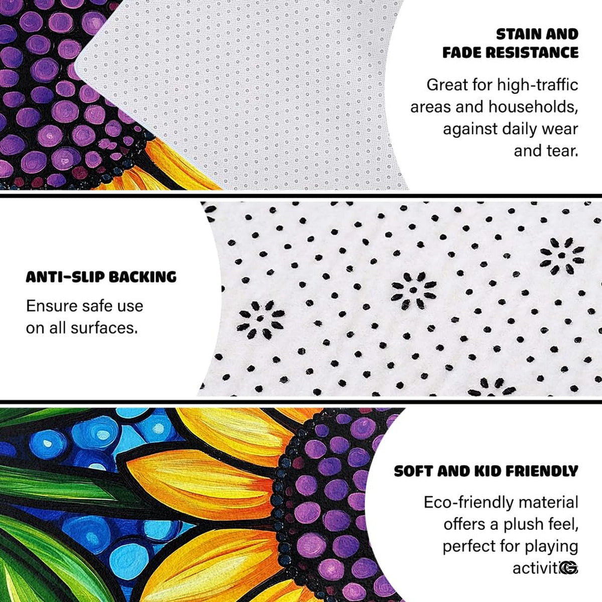 Detailed floral mosaic rug pattern illustrating swirling tiles and radiant yellow sunflower blooms. - image 6 of 7