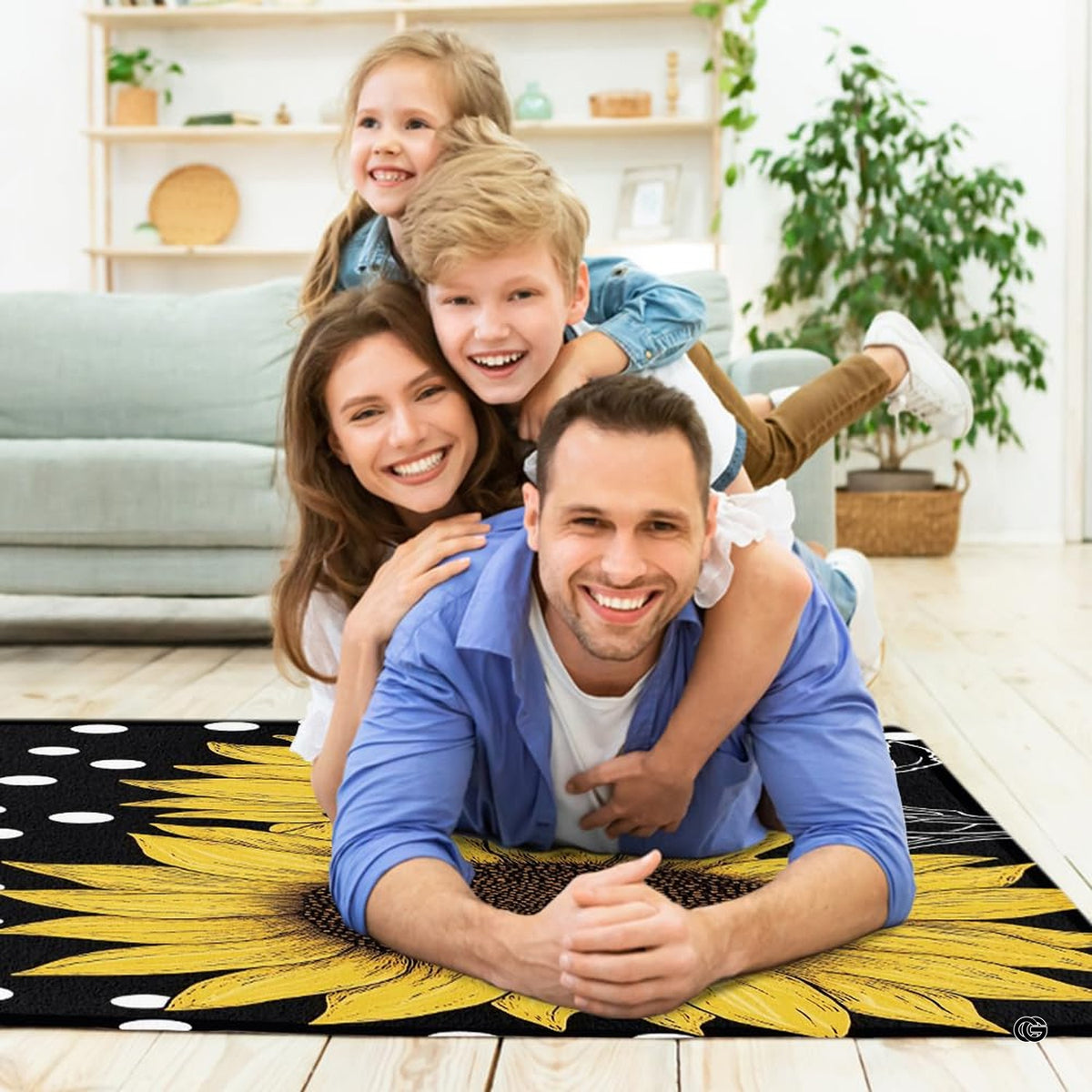 Interior decor display of a flower floor carpet featuring sunny botanical illustrations and polka dot accents.