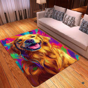 Spacious living room sectional couch setup displaying the colorful pop art golden retriever area rug - thumbnail image 2 of 5