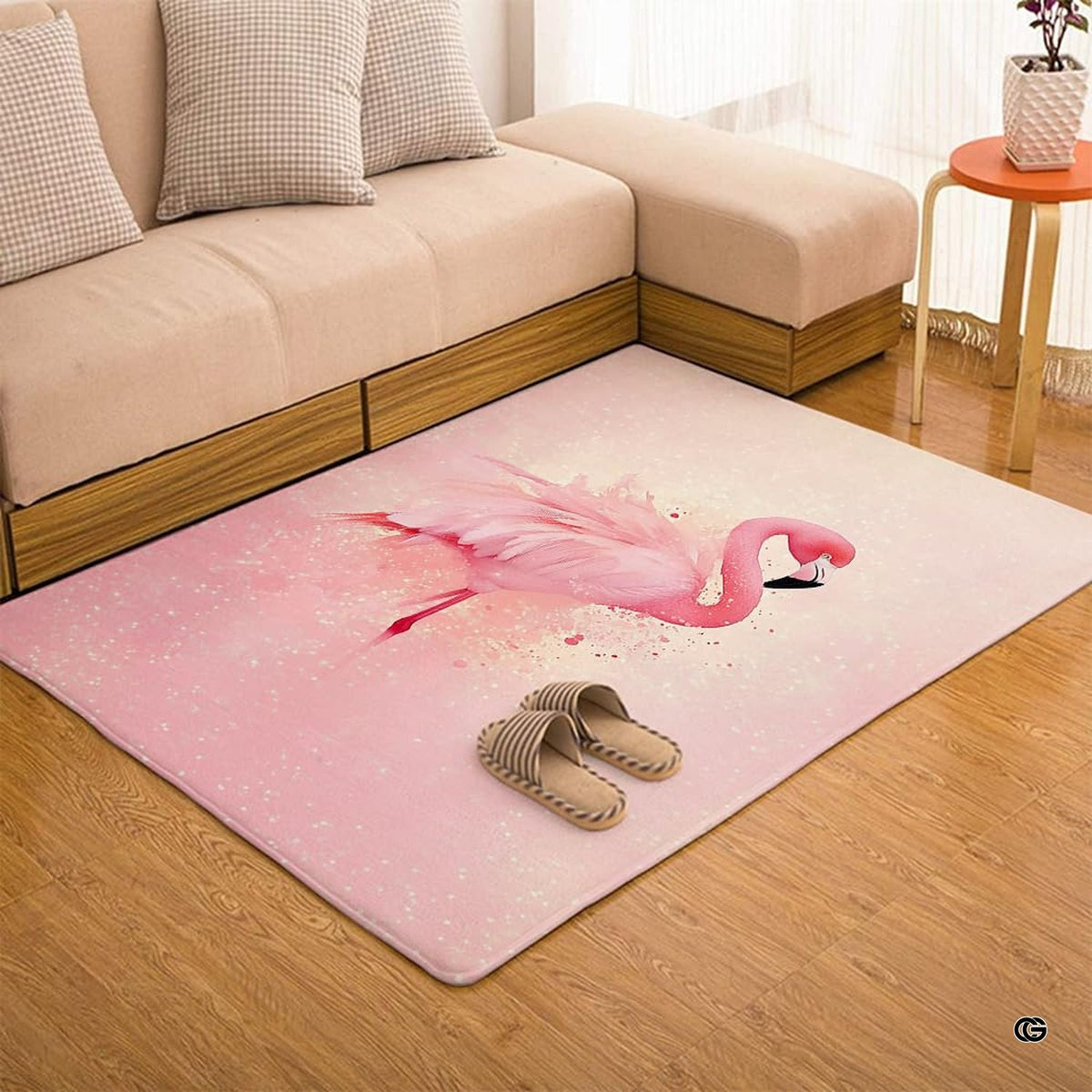 Size dimensions chart illustrating small, medium, and large options for the pastel flamingo rug