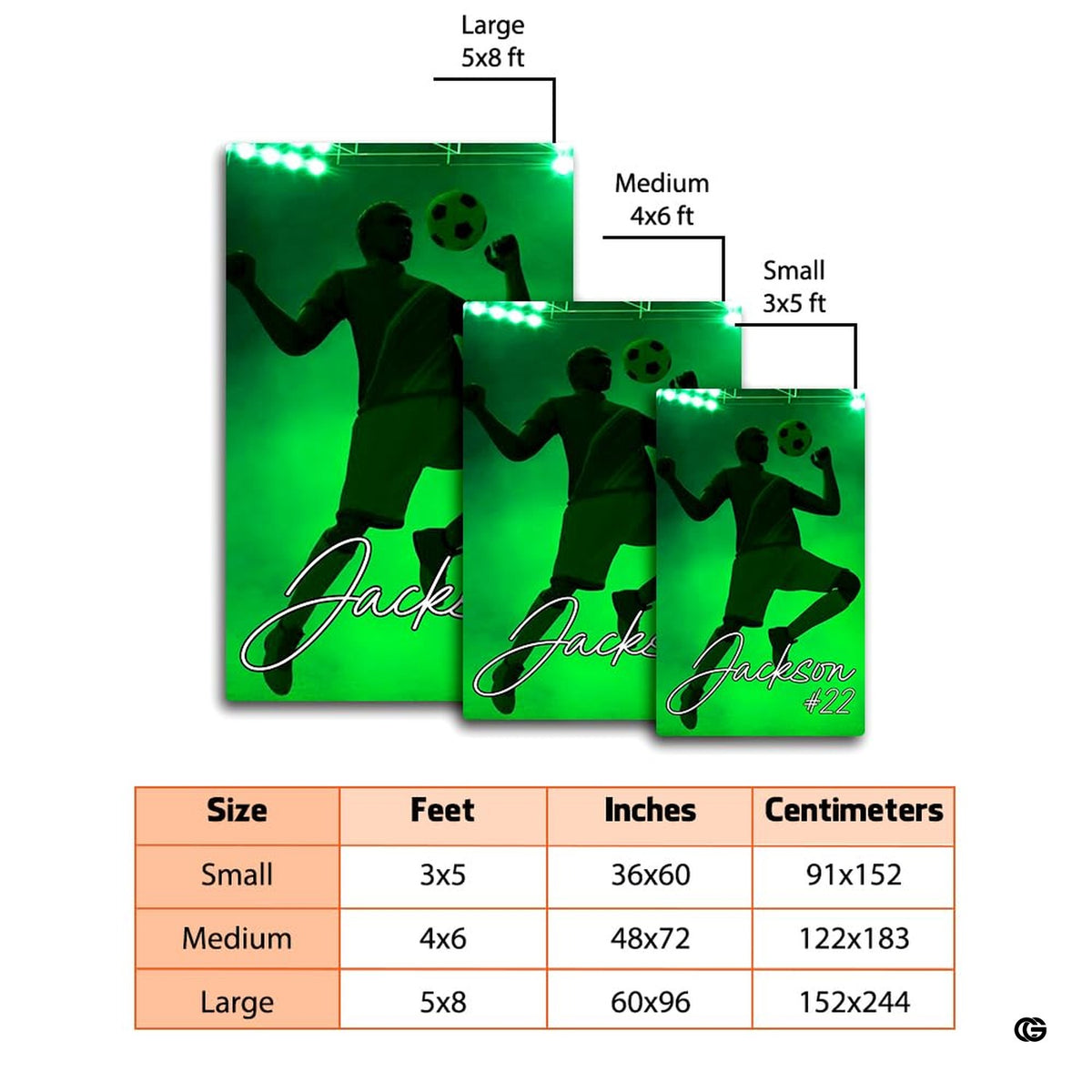 Close overhead detail of airborne soccer player illustration under stadium lights on green field.