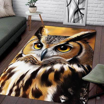 Overhead view of decorative accent horned owl area rug showcasing intricate brown and white plumage design. - thumbnail image 3 of 8