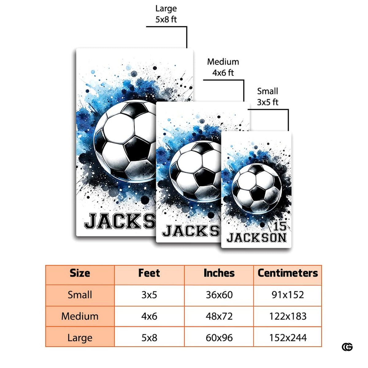 Dimensions and sizing chart for soccer ball watercolor splatter area rug - image 2 of 8