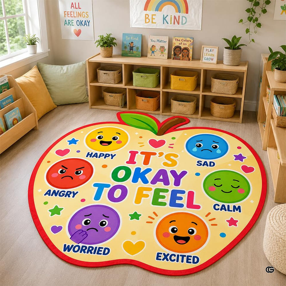 Classroom Area Rug displayed flat showing bordered motivational charts and pastel illustrations.