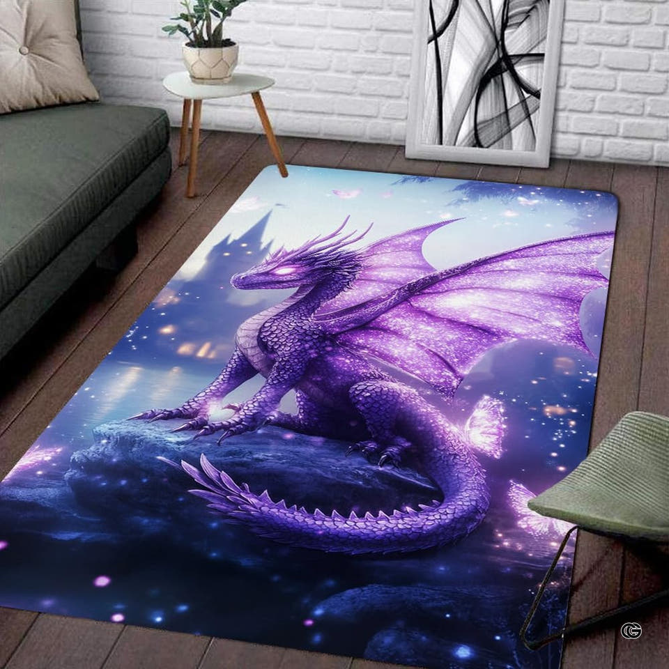 Living room seating setup featuring the enchanted purple dragon butterfly lake fantasy area rug