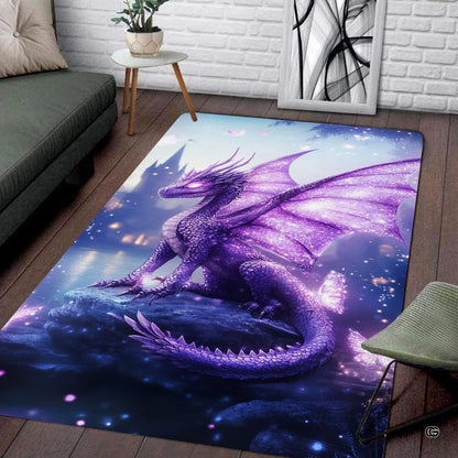 Living room seating setup featuring the enchanted purple dragon butterfly lake fantasy area rug - thumbnail image 1 of 7