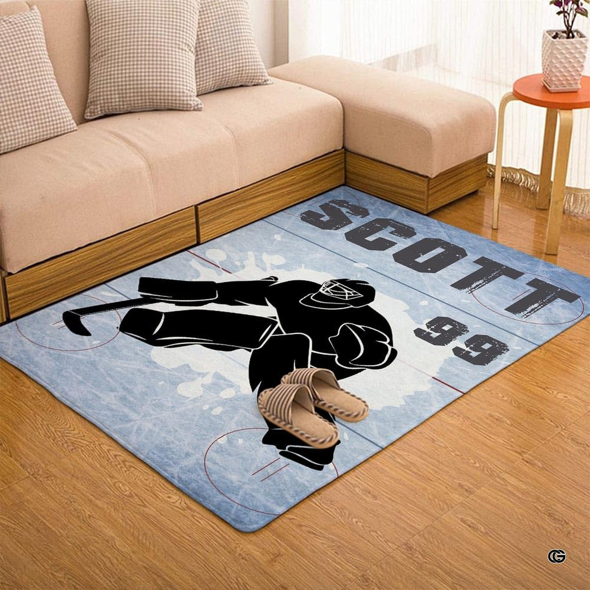 Custom ice hockey goalie sports floor rug placed in bedroom setting
