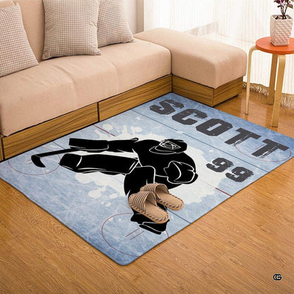 Custom ice hockey goalie sports floor rug placed in bedroom setting - thumbnail image 7 of 7