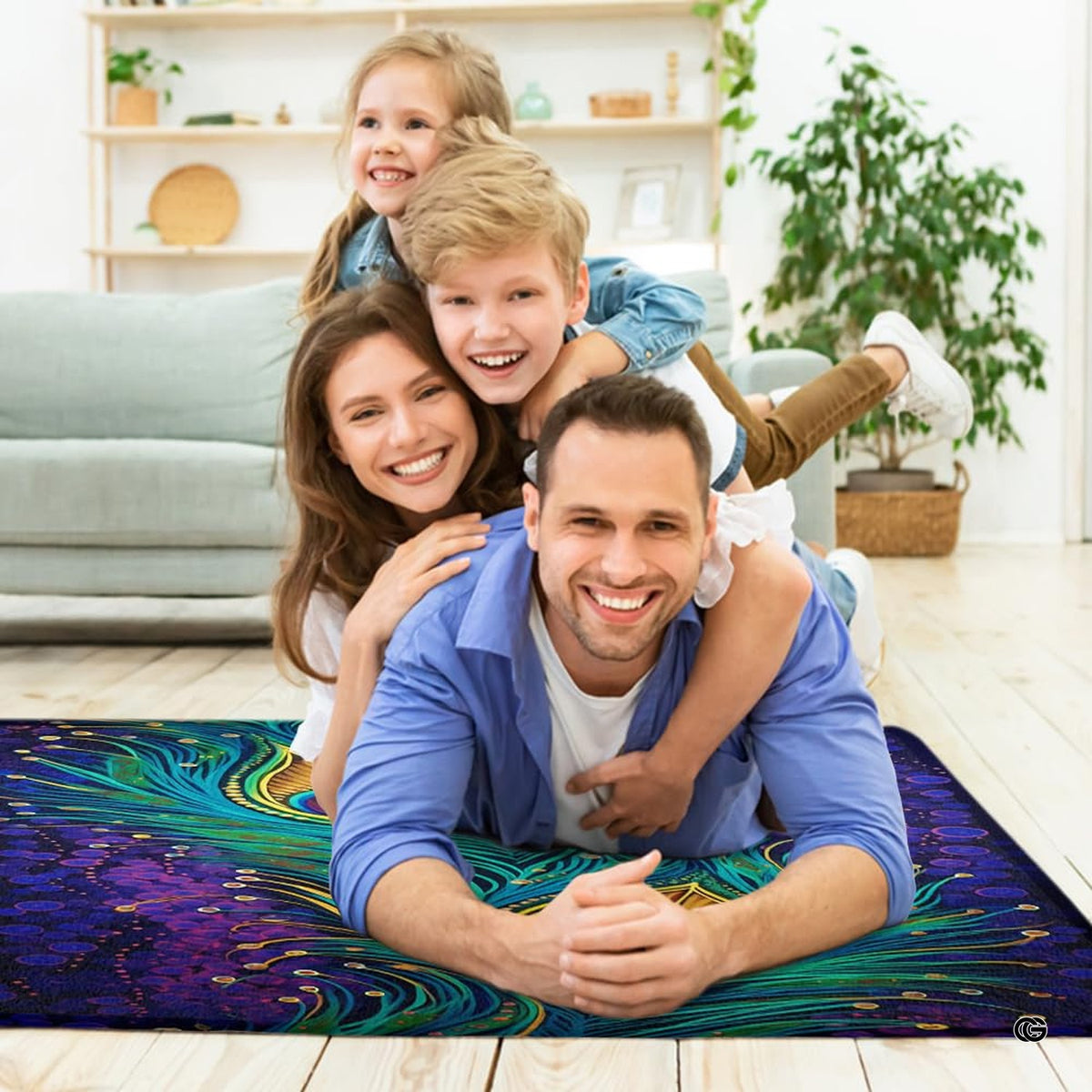 Fireside lounge setting with person relaxing near the violet peacock feather area rug - image 5 of 7