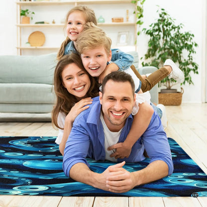 Cozy bedroom interior layout featuring the blue kraken octopus rug - thumbnail image 6 of 7
