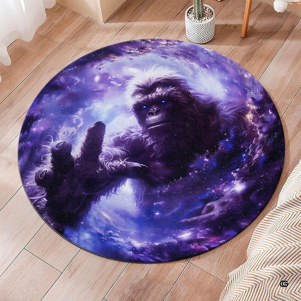 Round galaxy rug displaying violet nebula clouds and glowing starfields across a circular profile.