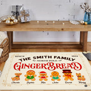 Top-down view of gingerbread figures and pets dressed in seasonal outfits across festive floor covering. - thumbnail image 2 of 9