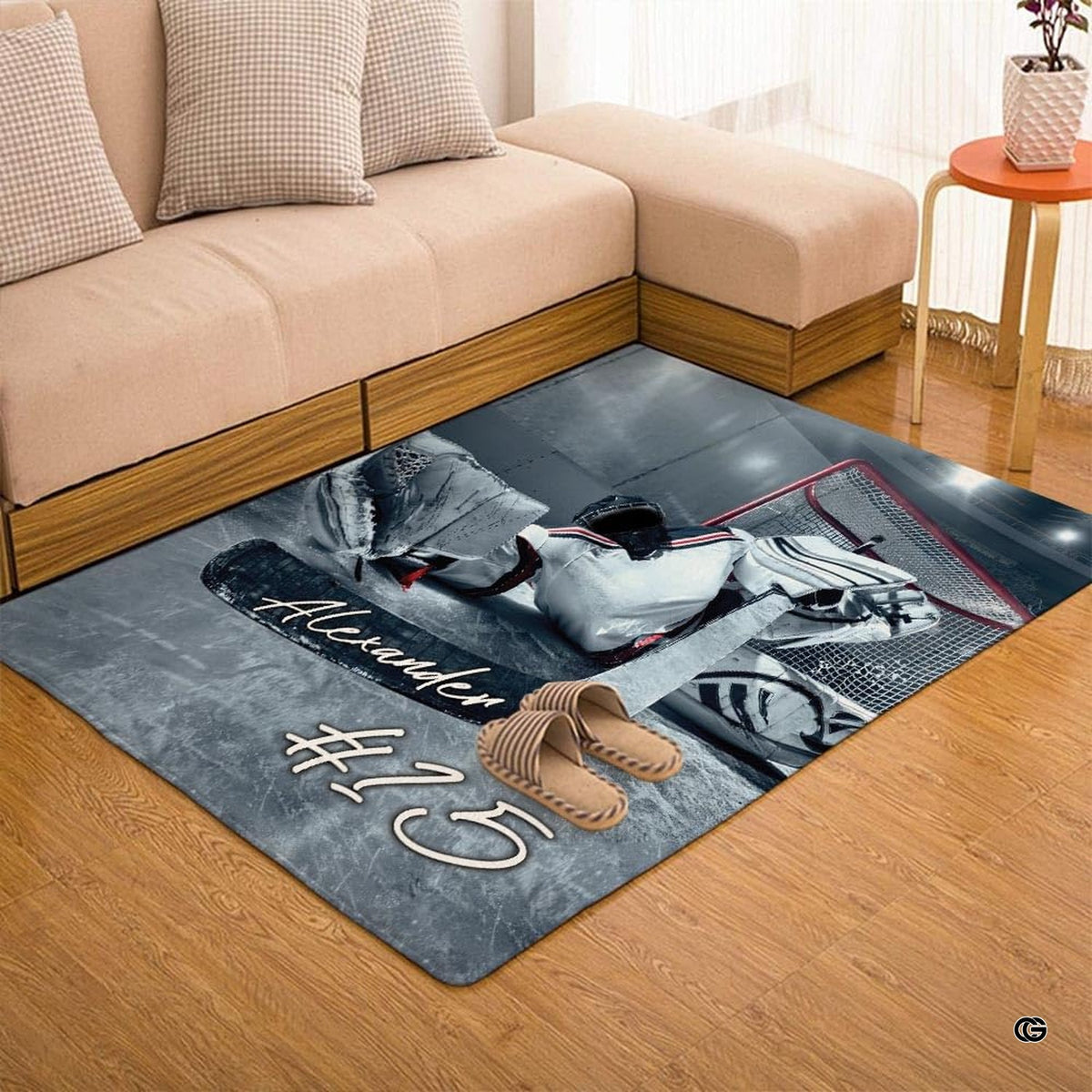 Angled perspective of hockey goaltender scene area rug on room floor. - image 7 of 7