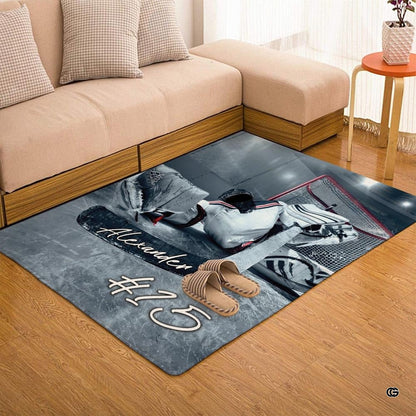 Angled perspective of hockey goaltender scene area rug on room floor. - thumbnail image 7 of 7