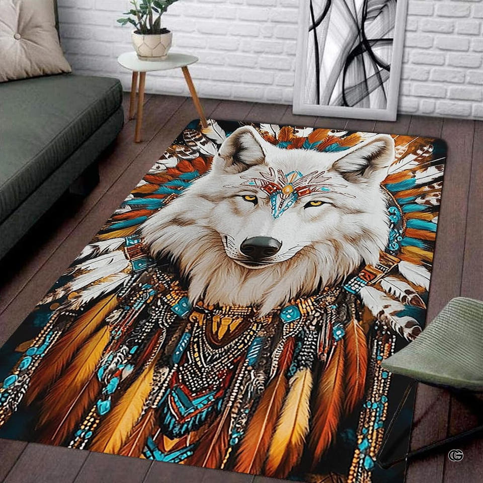 Dark cottagecore area rug showcasing a majestic white wolf portrait with ornate feather headdress and turquoise accents.
