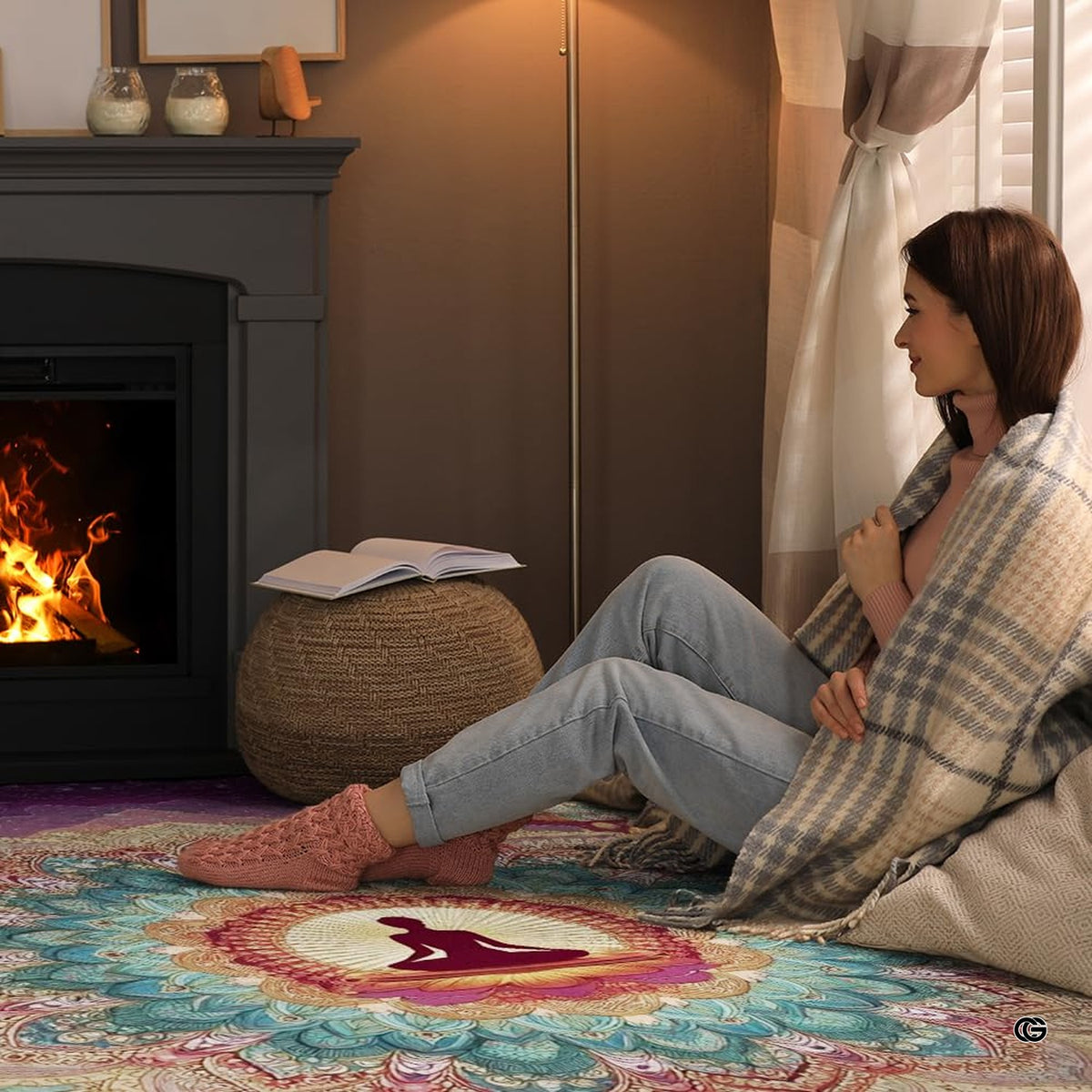 Lifestyle mockup showing the yoga mandala rug centered on a contemporary wood floor