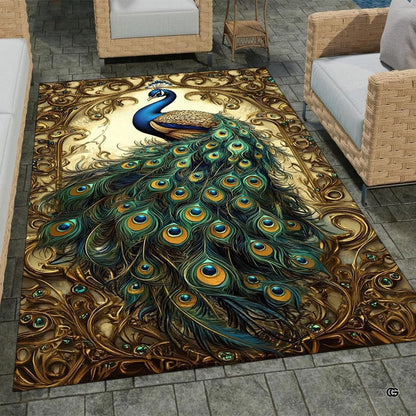 Overhead layout view of the rectangular gilded baroque gold peacock wildlife area rug - thumbnail image 7 of 8