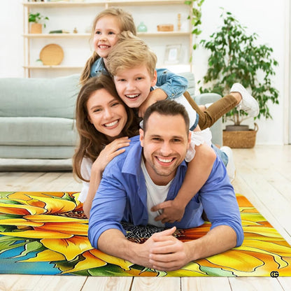 Watercolor botanical sunflower area rug displayed in bright living room - thumbnail image 5 of 7