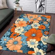 Retro 70s mid century floral daisy illustration rectangular area rug. - thumbnail image 1 of 5