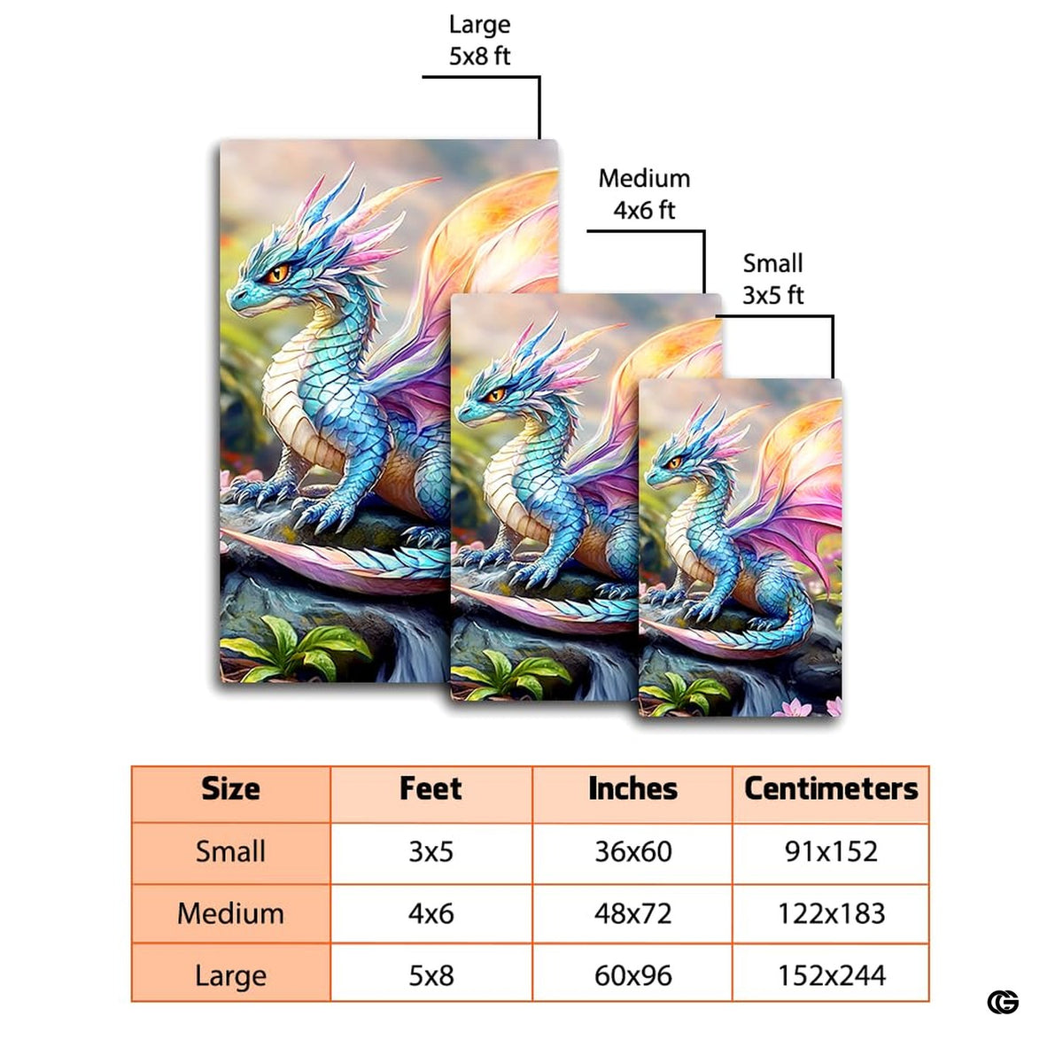 Detailed view of mythical dragon artwork with cerulean hues and glowing pink floral accents.