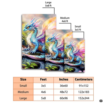 Detailed view of mythical dragon artwork with cerulean hues and glowing pink floral accents. - thumbnail image 2 of 7