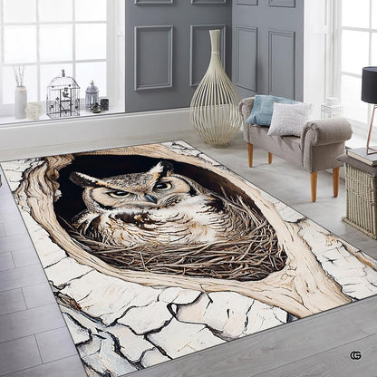 Overhead flat view of rectangular owl in tree hollow wildlife area rug - thumbnail image 8 of 8
