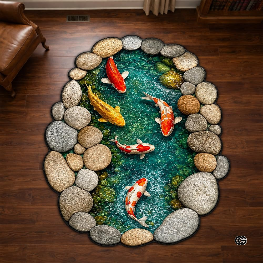 Custom Japanese Koi Fish Shaped Area Rug, Personalized 3D Optical Illusion Koi Pond Lotus Non Slip Washable Shaped Floor Mat, Fish Pond Rugs for Bedroom Living Room Decor (1, D4)