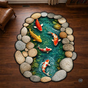 Custom Japanese Koi Fish Shaped Area Rug, Personalized 3D Optical Illusion Koi Pond Lotus Non Slip Washable Shaped Floor Mat, Fish Pond Rugs for Bedroom Living Room Decor (1, D4)