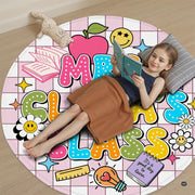 Vibrant sparkle stars in teal, orange, and yellow flanking a circular floor print against blush squares. - thumbnail image 5 of 9