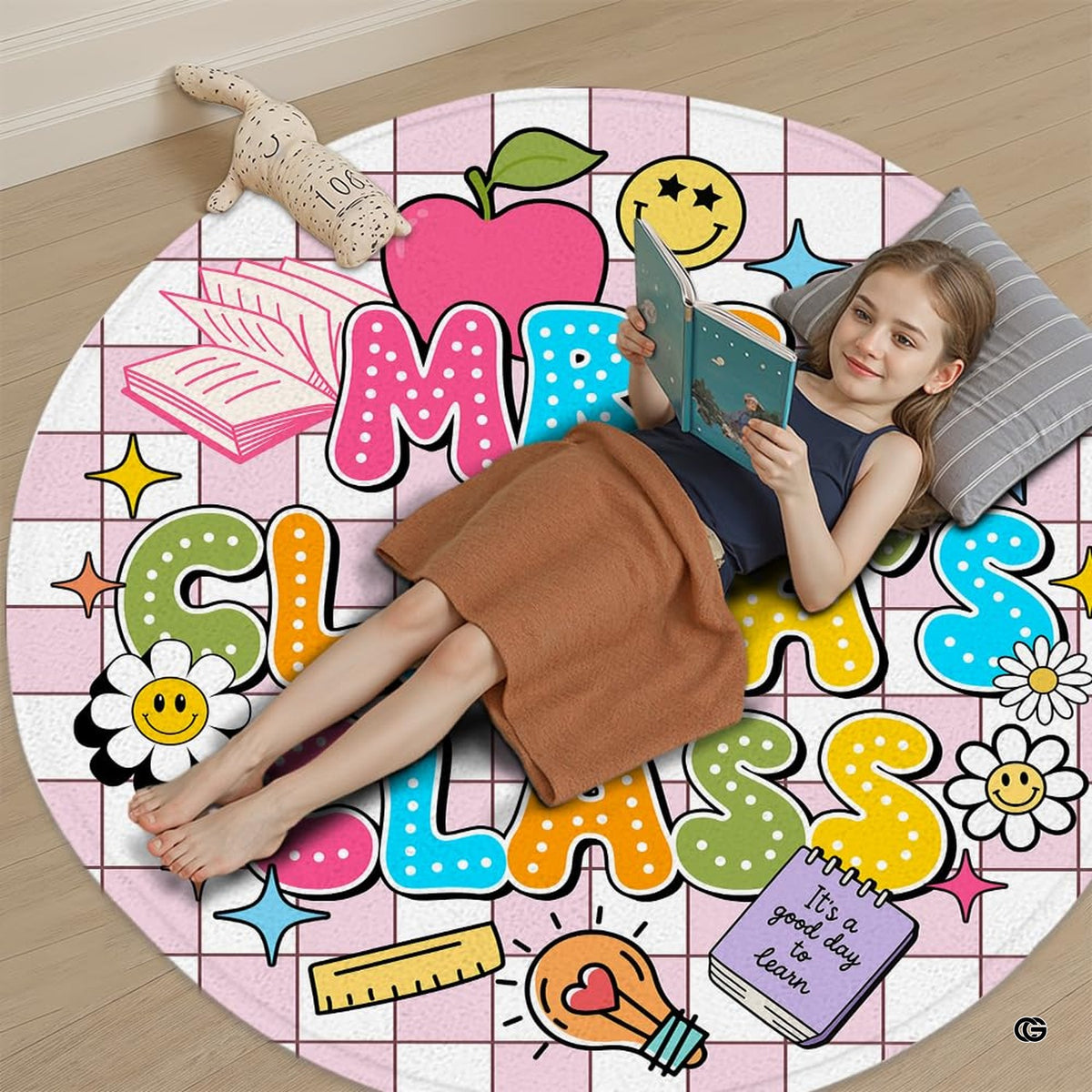 Vibrant sparkle stars in teal, orange, and yellow flanking a circular floor print against blush squares. - image 5 of 9